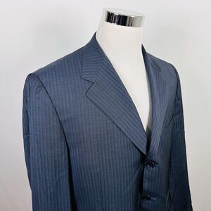 Canali 44S Suit Jacket Super 120s Wool Blue Striped Three Button Double Vented